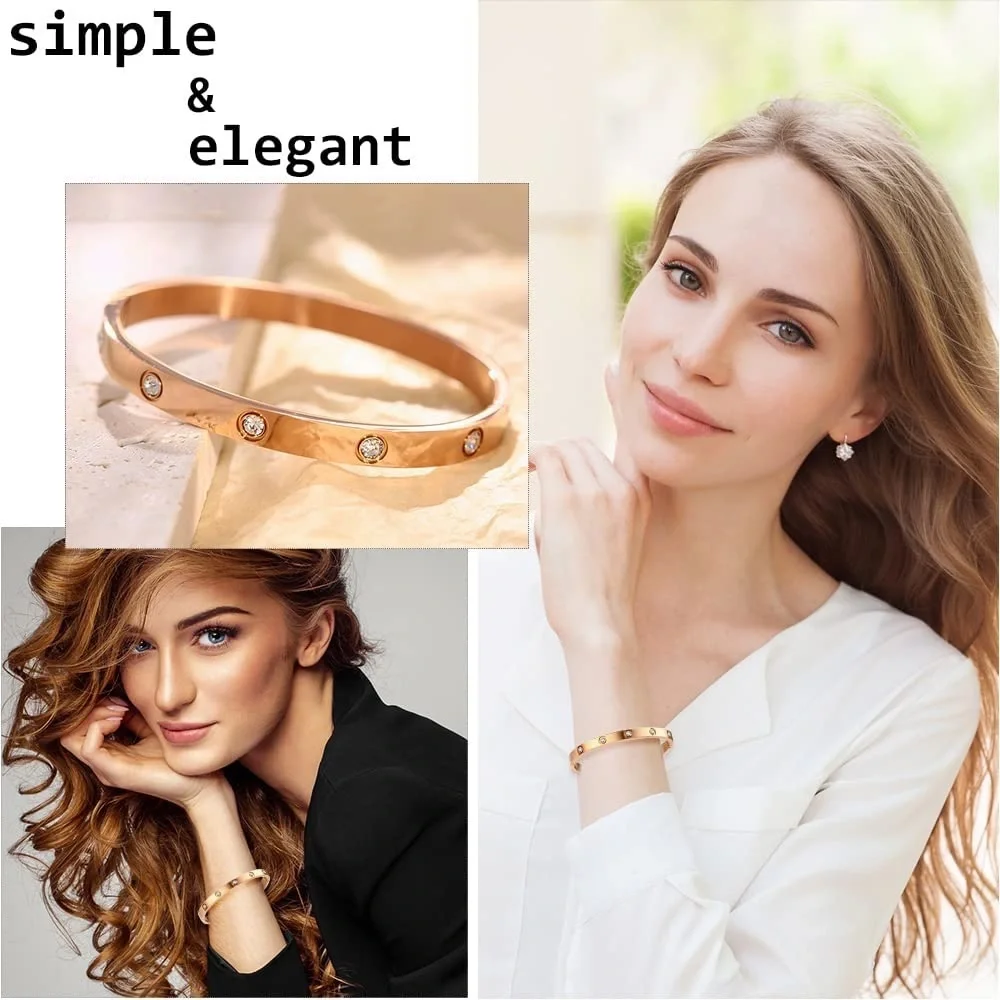New Elegant Rose Gold Stainless Steel Luxury High-End White Sapphire Bangle